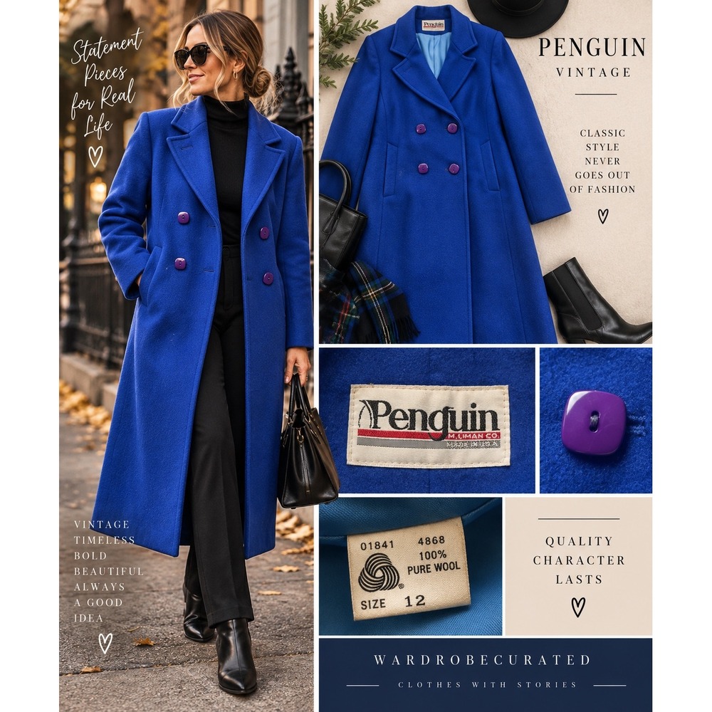 Vintage Penguin Fashions 100% Wool Coat Women 12 Cobalt Blue Double Breasted
